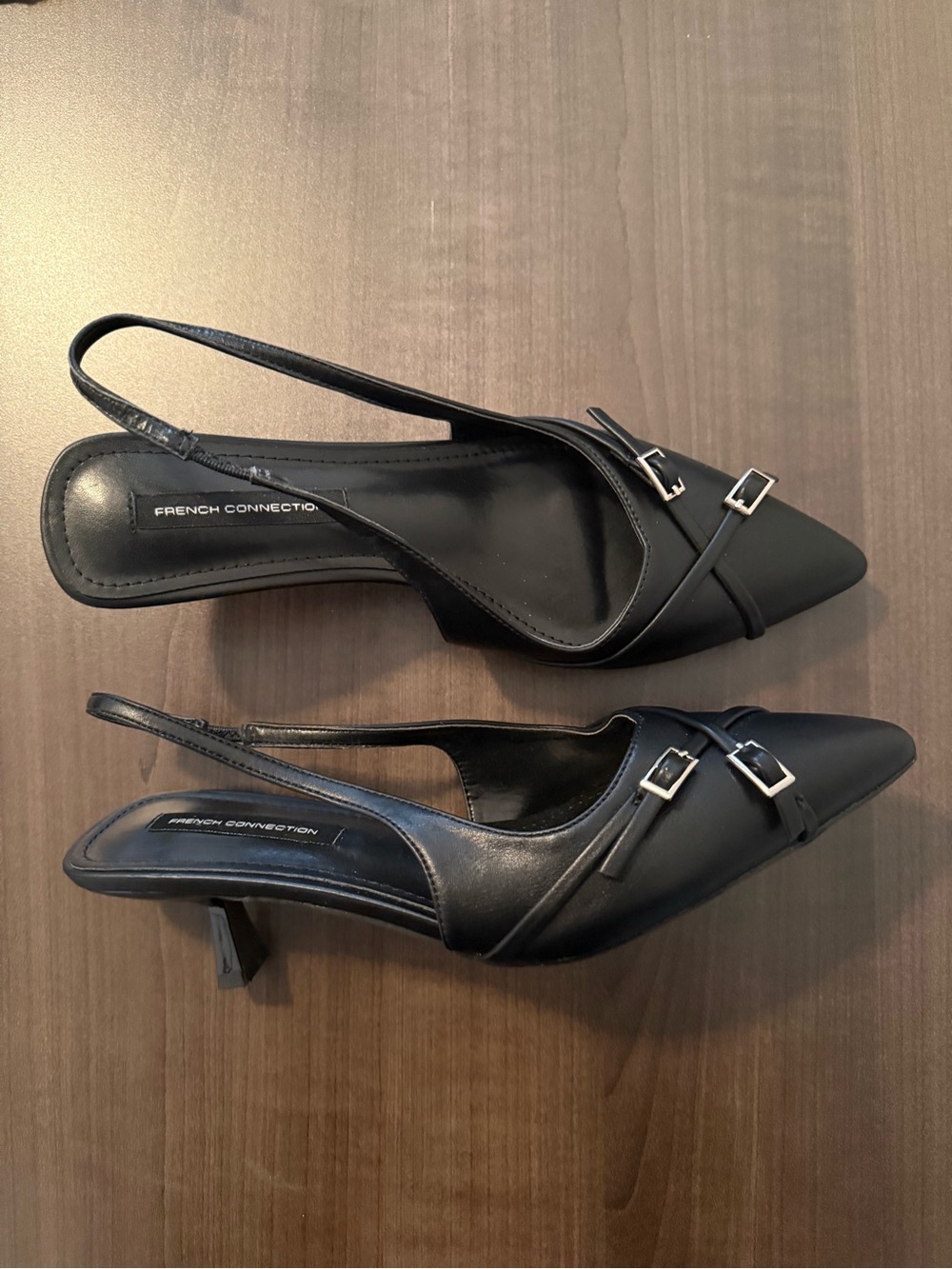 French Connection Black Pointed Slingback Kitten Heel with Buckle Detail